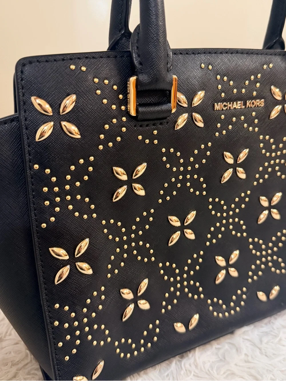 Michael Kors Selma Medium Studded Floral Satchel In Black Saffiano Leather